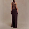 Solid Halter Spliced Lace Bodycon Long Dresses for Women Swing Collar High Waist Sexy Hot Girl Evening Gown Female