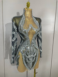 Sparkly Rhinestones Sexy Mesh Transparent Mini Dress Eveing Birthday Party Dance Nightclub Fashion Show Stage Costumes