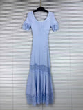 Romantic Dates Brown Ribbed Knit Mermaid Dresses for Women U Neck Short Sleeve Lace Trimmed Midi Skirt for Office Commute
