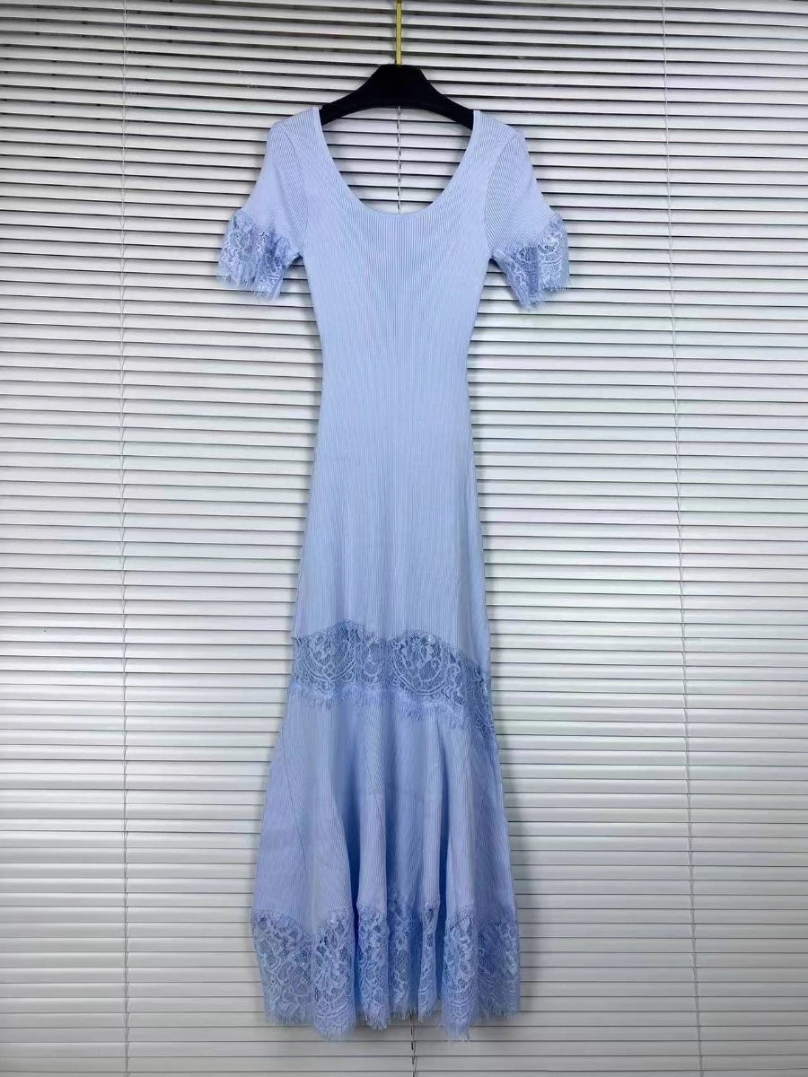 Romantic Dates Brown Ribbed Knit Mermaid Dresses for Women U Neck Short Sleeve Lace Trimmed Midi Skirt for Office Commute