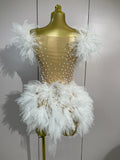 Sexy Sparkly Rhinestone Eveing Party Birthday Nightclub Stage Costume Elegant Off The Shoulder White Mesh See-Through Mini Dress