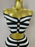 Sexy Off Shoulder Striped Button Two Piece Mini Bandage Set 2025 Women Celebrity Designer Evening Party Luxury Birthday Outfit