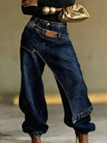 Women High Waist Wide Leg Jeans Layered Washed Asymmetrical Hip Hop Streetwear Summer