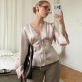 Elegant Summer Tops Women's Fashion Solid V-Neck Lace-Up Long Sleeve Tops New Chic Casual Office Lady Women's T-Shirts