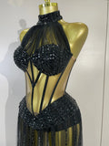 New Sexy Sparkly Rhinestone Mesh Backless See Through Bodysuits Dress Women Eveing Party Nightclub Bar Stage Performance Costume