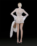 Custom White Lace Sheer High Neck Flare Long Sleeve Corset Mini Dress Fashion Bodycon Formal Evening Party Gown