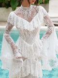 Retro Luxurious Wedding Dress for Women Stand Collar Flare Sleeve Spliced Ruffles Irregular Hem Party Long Dresses Female