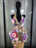 Black Khaki Women Sexy Halter Backless 3D Flowers Bodycon Long Maxi Dress Celebrate Evening Party Performance Costumes Wear