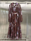 Floral Print Shirt Maxi Dress for Women Point Collar Long Lantern Sleeve Button Front Detachable Buckle Belt Sheer Chiffon