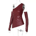 Sleeveless Skew Collar PU Leather Vest With Sleeves Top Two Pieces For Women Streetwear Fashion Slim Crop Tops Punk Style