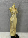 Classic Gold Sequin Mermaid Dress Rhinestone Chain Shoulder Straps Sweetheart Neck Formal Evening Gala Photoshoot Cocktail Party