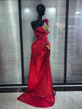 Women Sexy One Shoulder Shining Rhinestones High Split Floor-length Gowns Dress Evening Party Celebrate Red Carpet Wear