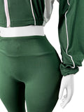Casual 2 Piece Set Women Tracksuit Patchwork Full Sleeve Zip Elastic Hem Crop Jacket+Flared Pants Sporty Streetwear