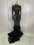New Sexy Sparkling Red Crystals Feathers Long Sleeve Mermaid Maxi Dress Women Wedding Celebrate Luxury Birthday Party Prom Gown