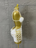 Women Sexy Sparkly White Braided Halter Mini Dress Gold Bead Trim Cutout Sides Ideal Beach Parties Vacations Special Occasions