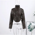 Fashion Women's Cropped Jacket Coat Faux Leather Stand Collar Long Sleeve Biker Style PU Leather Coats Streetwear Outerwear Top