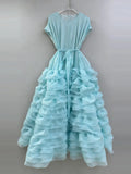 Elegant Spliced Tiered Ruffles Dress for Women O Neck Sleeveless Patchwork Lace Up Slim Formal Evening Puff Dresses Female