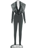Furry Deep V-Neck Jumpsuits Woman Hipster Patchwork Trend Sexy Stretch Fitness Club Activity Luxury Midnight Overalls