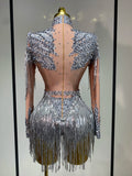 Women Long Sleeve Sexy Stretch Bodycon Shinning Tassels Rhinestones Bodysuit Celebrate Birthday Club Evening Party Stage Outfit
