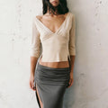 Deep V Neck Sleeve Ruched Cropped Top Wrap Front Slim Stretch s2026 Spring Summer Chic b Lady Women Sexy Minimalist Blaze