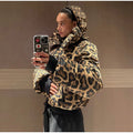 Fashion Leopard Print Ski Suit Women Stand Collar Hooded Zipper Coat Chic Slim Pants 2026 Winter Warm Casual Sport Windproof Set