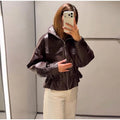 Fashion Women's Drawstring Short Leather Jacket Stand Collar Long Sleeve Ruffle Zipper Female Coat 2026 Autumn Lady Chic Jackets