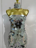Sexy Silver Sparkly Round Sequin Pearl Women Backless Floor Length Dress Celebrate Birthday Evening Party Bar Queen Drag Costume
