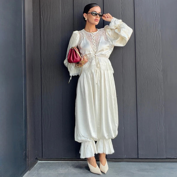 Elegant Satin Lace Spliced Women's Pants Sets Waist Cinched Lace Up O-neck Blouse Long Lantern Pant 2026 Summer Lady Casual Suit