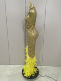 Luxury Sparkly Red Rhinestones Feather Sexy Mesh See Through Long Dress Women Birthday Evening Nightclub DJ Dancer Stage Costume