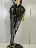 Women Black Sexy Mesh Asymmetric Bodycon Mini Dress Sparkly Diamonds Nightclub Bar Party Show Gogo Dancer Clothing Stage Costume