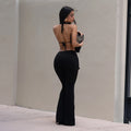 Women's Ruched Pant Set Brown Halter Crop Top And Flared Trouser Two-Piece Set Elegant V-neck Design Cut-Out Club Outfits