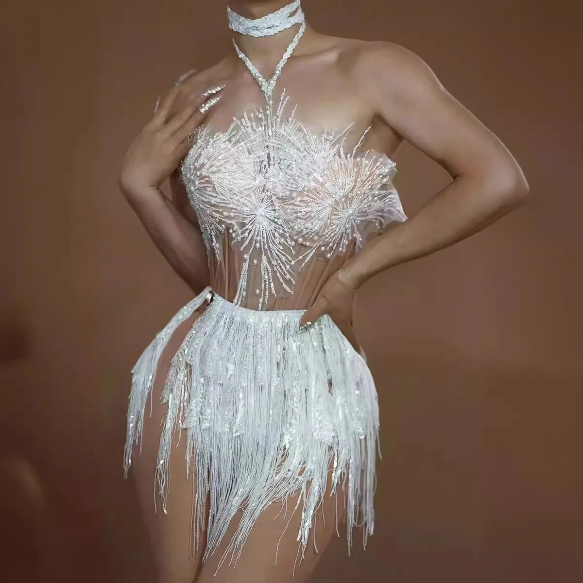 Glamorous Tassel Mesh Birthday Party Dress Stage Performance Costume Dance Waist Splicing Hip Wrap Skirt Outfit Vestidos De Gala