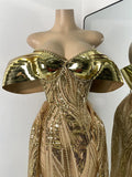 Flashing Gold Long Party Dress Luxury Diamonds Sequins See Thourgh Birthday Gown Sexy Off Shoulder Performance Singer Costume