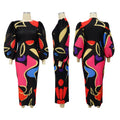 Elegant Women Pleated Half Lantern Sleeve O-neck Slim Maxi Long Dress Print Fashion Autumn 2024 Ruched Dresses Vestidos