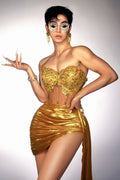Gold Sheer Tube Top + Vertical Skirt Set Women's Fashion Hot Party Performance Evening Dress Vestido De Noche Vestidos De Fiesta