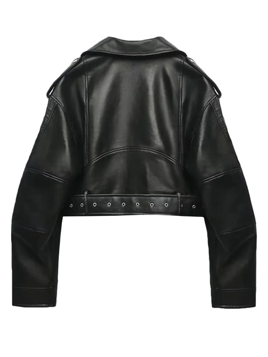 Women Oversized Vintage Loose Pu Faux Leather Short Jacket with Belt Streetwear Female Zipper Retro Moto Biker Coat Outwear
