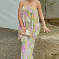 Summer Beach Floral Printing Dress for Women Strapless Sleeveless Spliced Folds Tiered Long Dresses Female Clothing