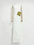 Sexy Stand Collar Flowers Pleated Patchwork Long Dress Women Sleeveless Folds Slim Elegant Dresses Evening Party Gowns