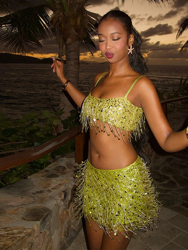 Women's Lime Green Sequined skirts Set 2 pieces sexy Spaghetti Strap Crop Top Mini Skirt with Tassel Lady Party Outfits