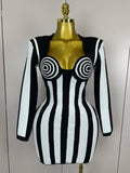 Luxury Sexy Long Sleeve Stripe Black White Mini Bandage Dress Women Knitted Celebrity Elegant Evening Club Birthday Dresses