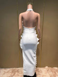 Elegant 3D Flower Applique Halter Maxi Dress Sexy Off Shoulder Backless Ruffled Bodycon Bandage Celebrity Evening Party Gowns