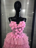 Black Pink Fairy Strapless V Neck Flowers Pearls Mesh Cupcake Mini Trailing Birthday Party Photoshoot Dress Performance Costumes