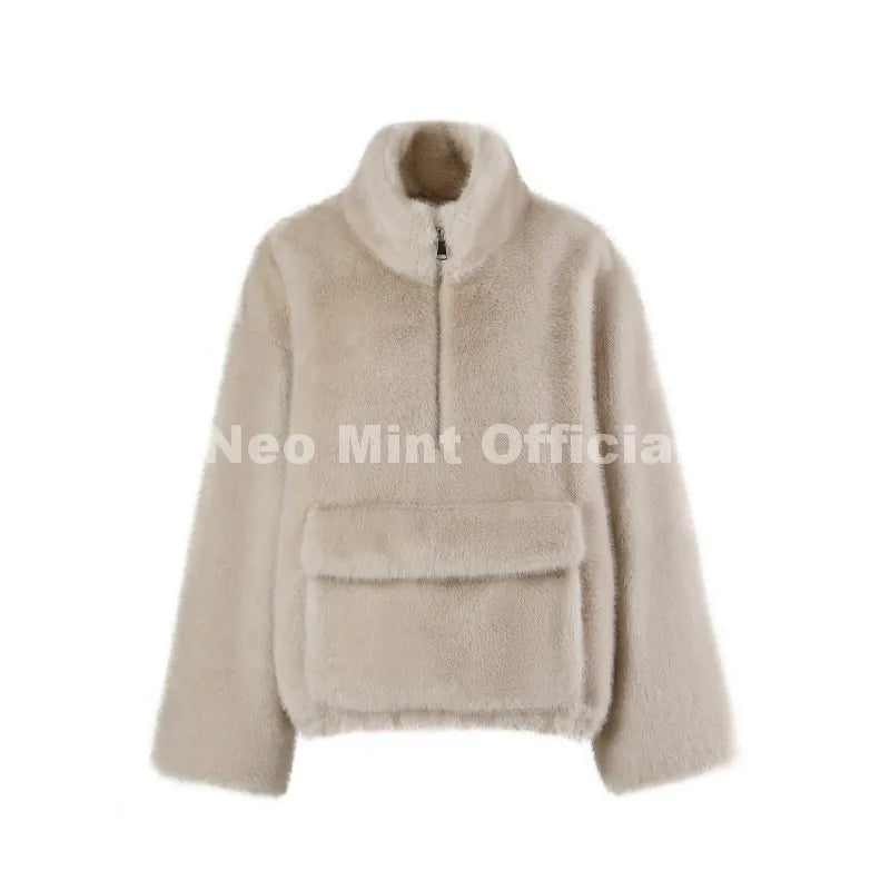 Iconic Chic Street Fashion Girls Faux Mink Fur Hoodies Sweatshirts Women Retro Luxury Front Zipper Eco Fur Jacket Coats