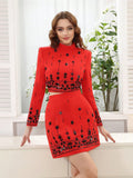Two Piece Sets for Women Stand Collar Long Sleeve Spliced Diamonds Top High Wiast Mini Skirt Elegant Outfit Female