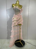 Sexy Strapless Mesh Ruffled Pink Long Dress Sparkly Diamond Birthday Evening Party PhotoShoot SeeThrough Nightclub Stage Costume