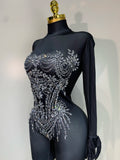 Stock Women Sexy Club Evening Party Wear Drag Queen Singer Dancer Stage Performance Costume Sparkly Rhinestone Stretch Jumpsuit
