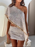 Silver Sequin Two Piece Outfit One Shoulder Coin Trim Cape Top High Waist Skirt 2026 Summer New Beach Party Nightclub Dating Set