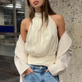 High End Sexy Shiny Fabric Halter Neck Vest Female Sleeveless Ruched Design Backless Tank Top for Chic Daily Outing