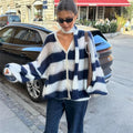 Fashion Striped Sweater Cardigan With Scarf Female Loose Thin Hollow Knitted Top Lantern Sleeve Contrast Color Retro Top