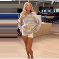 Women Rainbow Stripe Hooded Knit Cardigan Zip Front Drop Shoulder Side Pocket Loose Jacket Multicolor Textured Casual Daily Wear